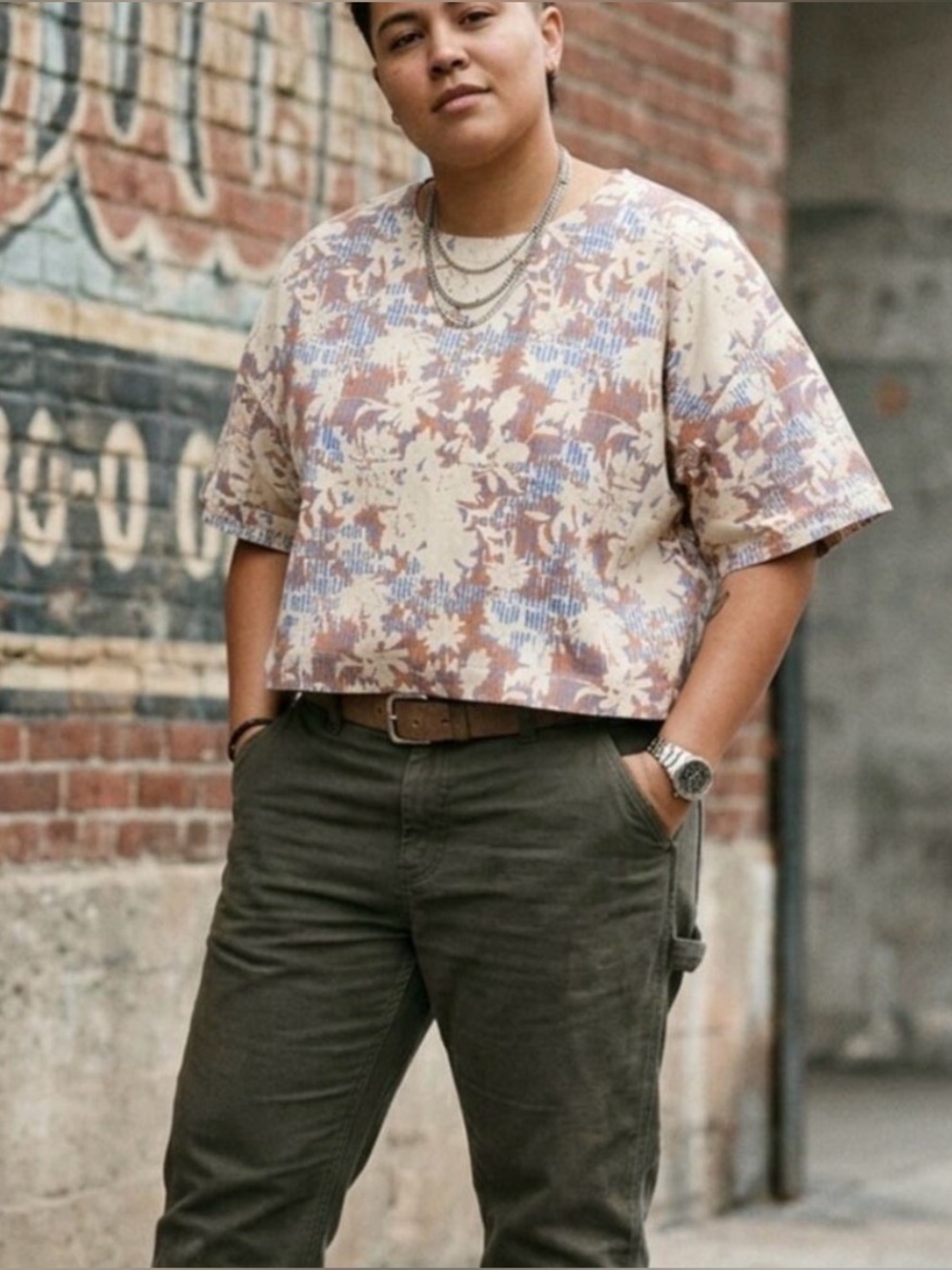 Wildfang Boxy Top Womens Blue Rust Floral Print Short Sleeve Blouse